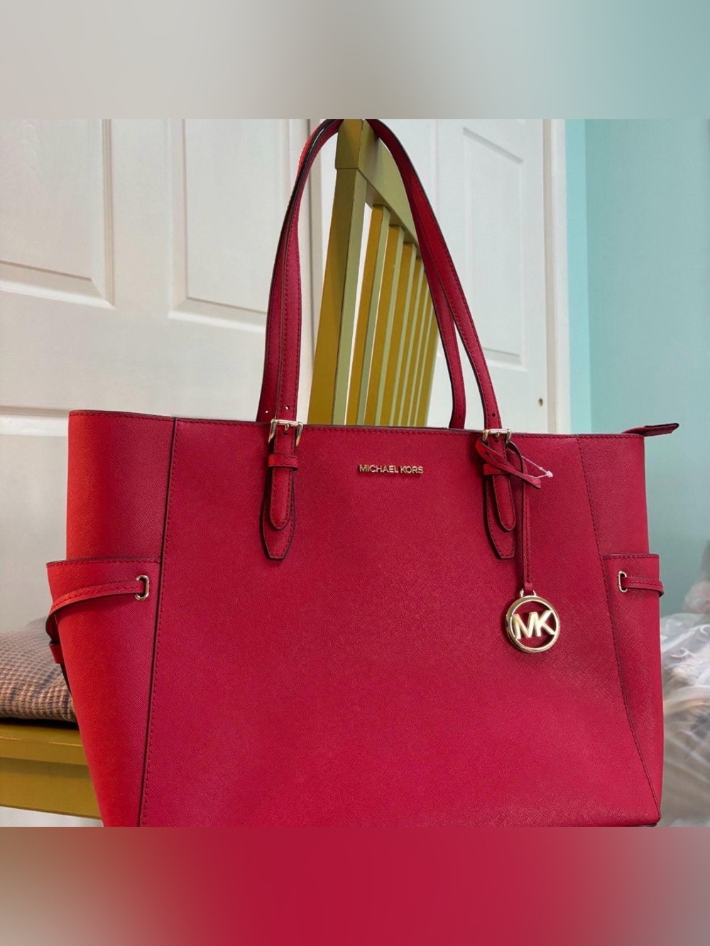 Michael Kors Vibrant Red Saffiano Tote with Gold MK Charm